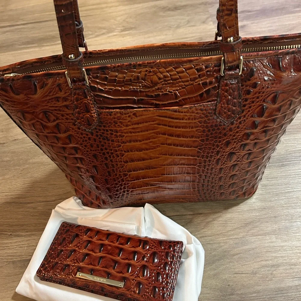 Brahmin Rich Brown Crocodile Embossed Tote & Wallet New